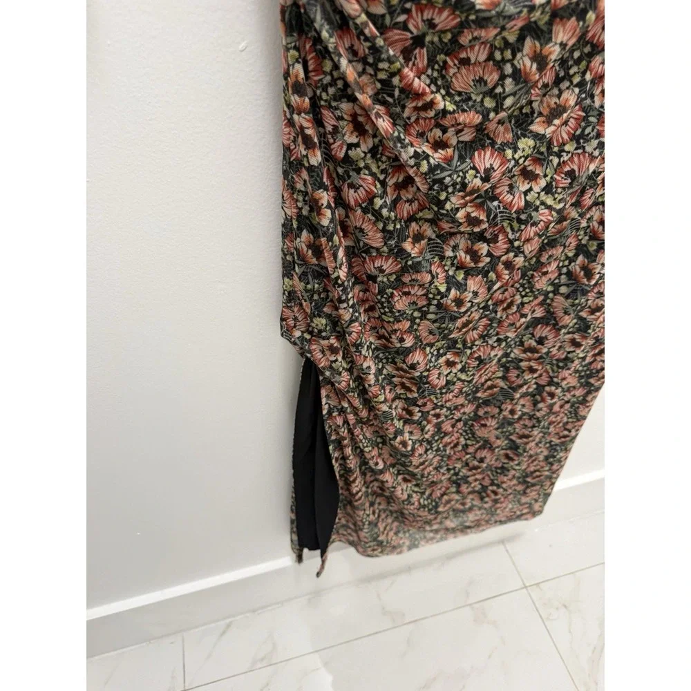 DRA Los Angeles Floral Mesh Ruched Maxi Dress Size L Long Sleeve Bodycon Boho